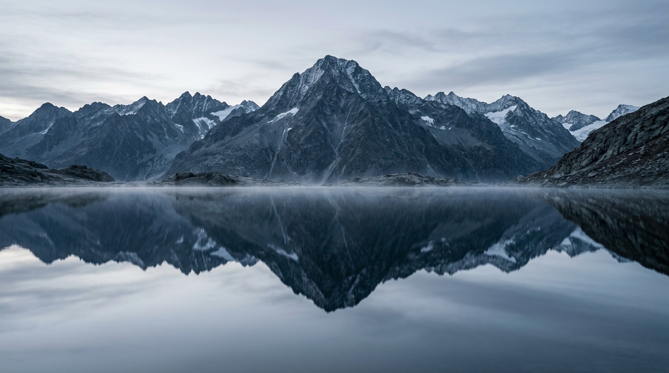 Mountain reflected in still alpine lake — patient observation